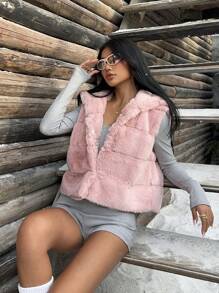 SHEIN EZwear Women's Pink Hooded Sleeveless Fluffy Jacket - Pink - View 4