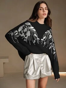 Anewsta Jersey holgado de punto con bordados florales y decoración de lentejuelas para mujeres en otoño/invierno