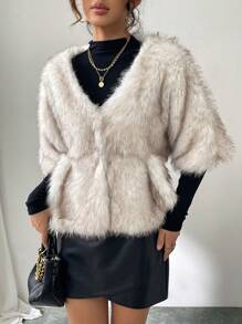SHEIN Privé Women Winter Solid Color Open Front Short Loose Fluffy Jacket - Coffee Brown - View 6