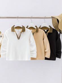 3 pièces/set Polo tricoté à manches longues et col côtelé, style décontracté pour garçon. Convient pour l'école, le jardin, la plage, les anniversaires, les saisons de printemps/été/automne/hiver - Multicolore - Voir 5