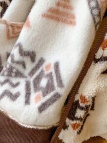 Blossori Young Boys Elegant French Style Khaki Loose Geometric Print Zip Up Jacket, Autumn/Winter - Multicolor - View 5