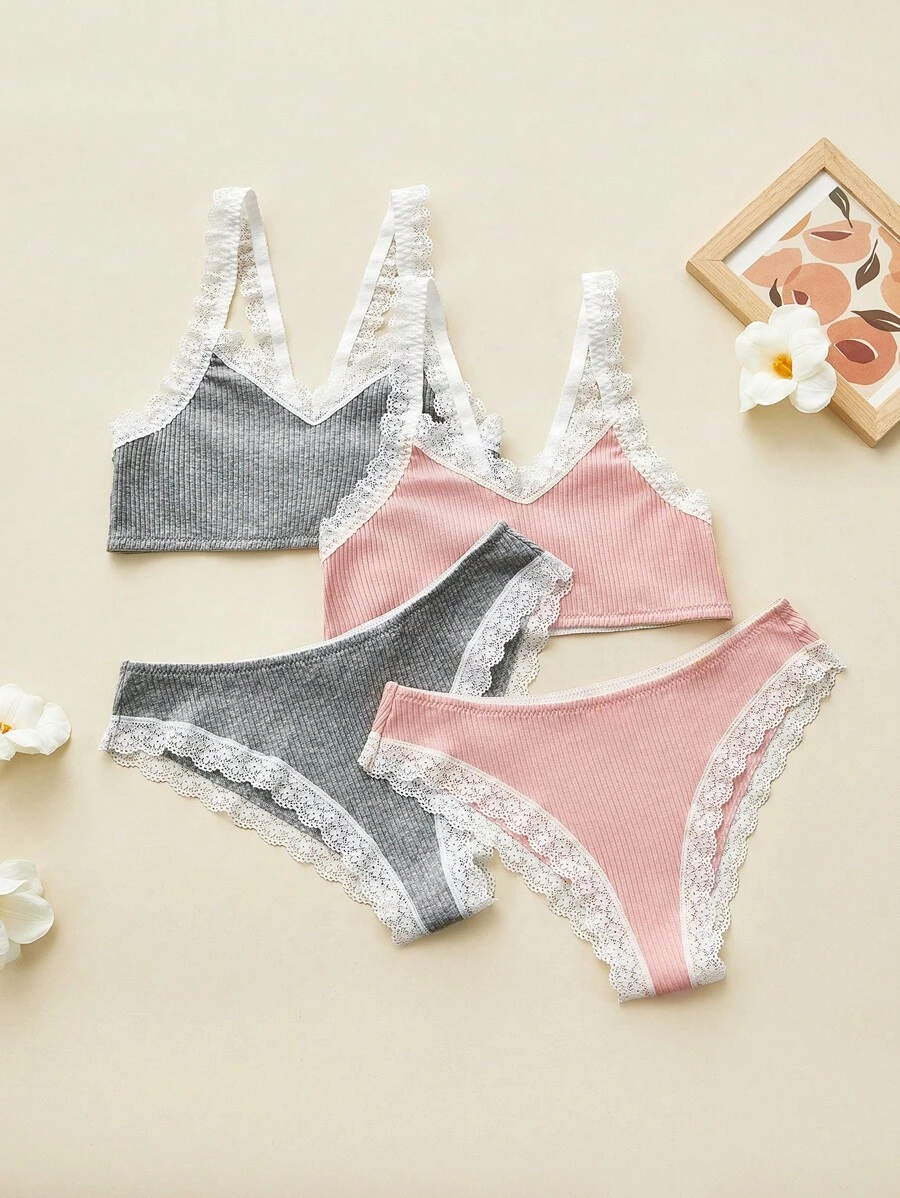 Juego de 4 piezas de sujetador y bragas de algodón con encaje y estampado floral, suave y cómodo, para adolescentes, color rosa y gris - Multicolor - Ver 1