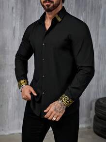 Manfinity LEGND 男士简约时尚撞色纽扣长袖衬衫适合商务休闲 - 黑色 - 查看 4