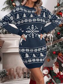 Chiquease 女式圣诞驯鹿图案长袖休闲针织毛衣连衣裙，秋冬 - 寶藍色 - 查看 7