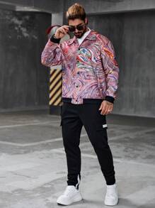 Manfinity LEGND Men's Fashionable Colorful Marble Print Jacket, Autumn Going Out Lightweight Colorful Graphic Long Sleeve Casual Jacket, For Friends, Husband, Boyfriend Gifts