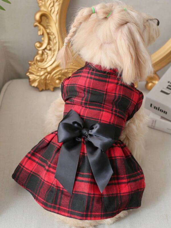 PETSIN Red & Black Plaid Bow Decor Pet Dress, Cute For Cats And Dogs