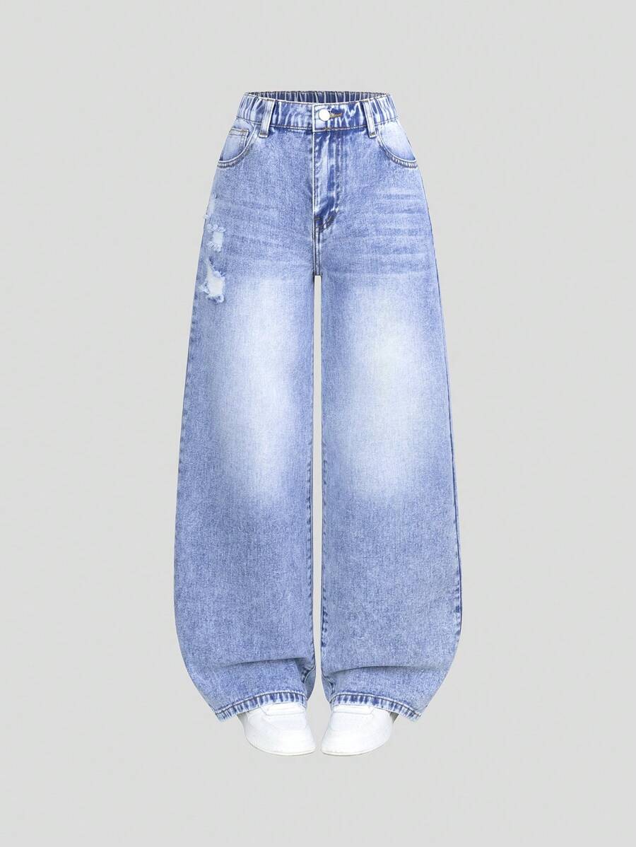 SHEIN Explorewe Tween Girl Minimalist Distressed Washed Straight Leg Jeans,Holiday,Summer,Travel