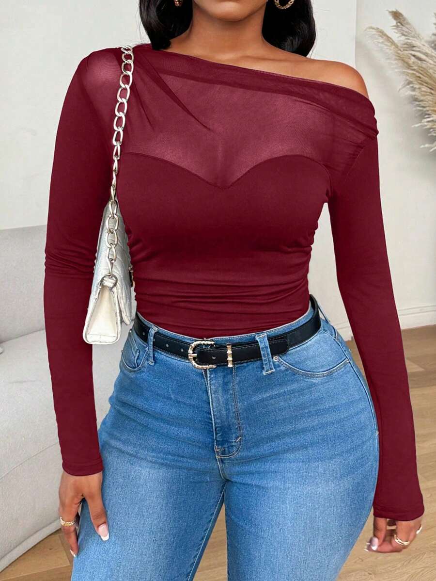 Zolique Women's Autumn Long Sleeve Oblique Shoulder Mesh Spliced Ruched T-Shirt For Spring Fall Cloth For Women - Burgundy - View 1