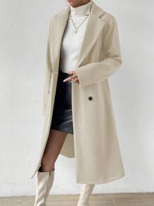 Almamuse Women Solid Color Double-Breasted Overcoat, Casual Autumn/Winter Fall Cloth For Women - Apricot - View 3