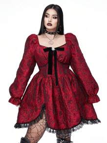 Flirla Vestido de jacquard con escote cuadrado, volantes, parches, cintura ceñida, manga larga, corte evasé y bajo asimétrico para mujer tallas grandes de estilo punk gótico, lindo y genial para ropa de Año Nuevo para mujeres góticas