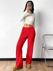SHEIN EZwear 女式高腰喇叭裤针织裤 - 紅色 - 查看 3