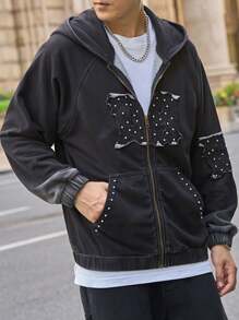 Claim Dot Áo khoác denim được giặt thông thường dành cho nam giới có miếng vá chữ và áo hoodie - màu đen - Xem 7