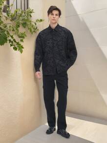 Manfinity Dauomo Áo sơ mi nam dài tay rộng rãi cài nút họa tiết hoa jacquard, mùa thu - màu đen - Xem 3