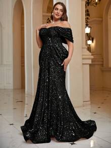 Plus Size Off Shoulder Criss-Cross Backless High Waisted Ruched Mermaid Sequin Floor Length Prom Dress, Formal Evening Gown, For Wedding Guest, Graduation, Dinner Party Dress, Bride Dress, Birthday Women Outfits, Formal Dress, Fall Women Clothes - 黑色 - 查看 4