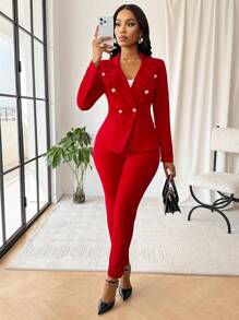SHEIN Lady Red Two-Piece Suit With Waist-Cinching Metal Buckle Design Suit Fall Two Piece Sets Outfit Sets Red Set Women Fall Sets - Black - View 6