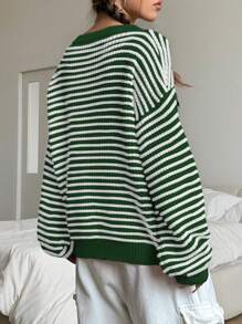 Flirla Striped Print Crew Neck Casual Versatile Long Sleeve Sweater Knit Pullover Fall Winter - Green - View 2