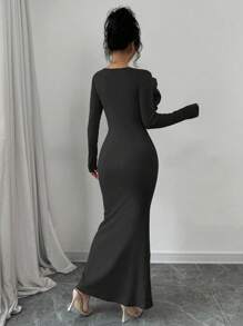 Elenzga 1 chiếc váy dài tay màu trơn cho nữ có họa tiết hoa 3D, trang phục maxi cho nữ - màu đen - Xem 2