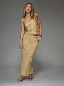 MISSGUIDED Studded Maxi Skirt Western Style High Waisted Long Skirt With Side Pockets Double Row Rivet Detail Floor Length Fall Winter Party Wear - Khaki - View 6