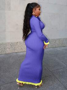 Slaydiva 秋冬休闲优雅V领长袖开襟截角微喇叭袖口上衣修身长裙绿边玫粉色罗纹毛针织女毛衣两件套-A - 紫羅蘭色 - 查看 3