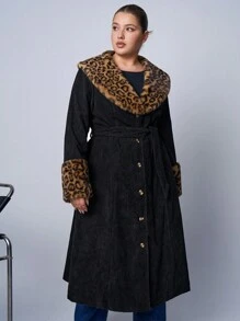 SHEIN EZwear 大码蓬松领棕色外套，秋冬 - 黑色 - 查看 6