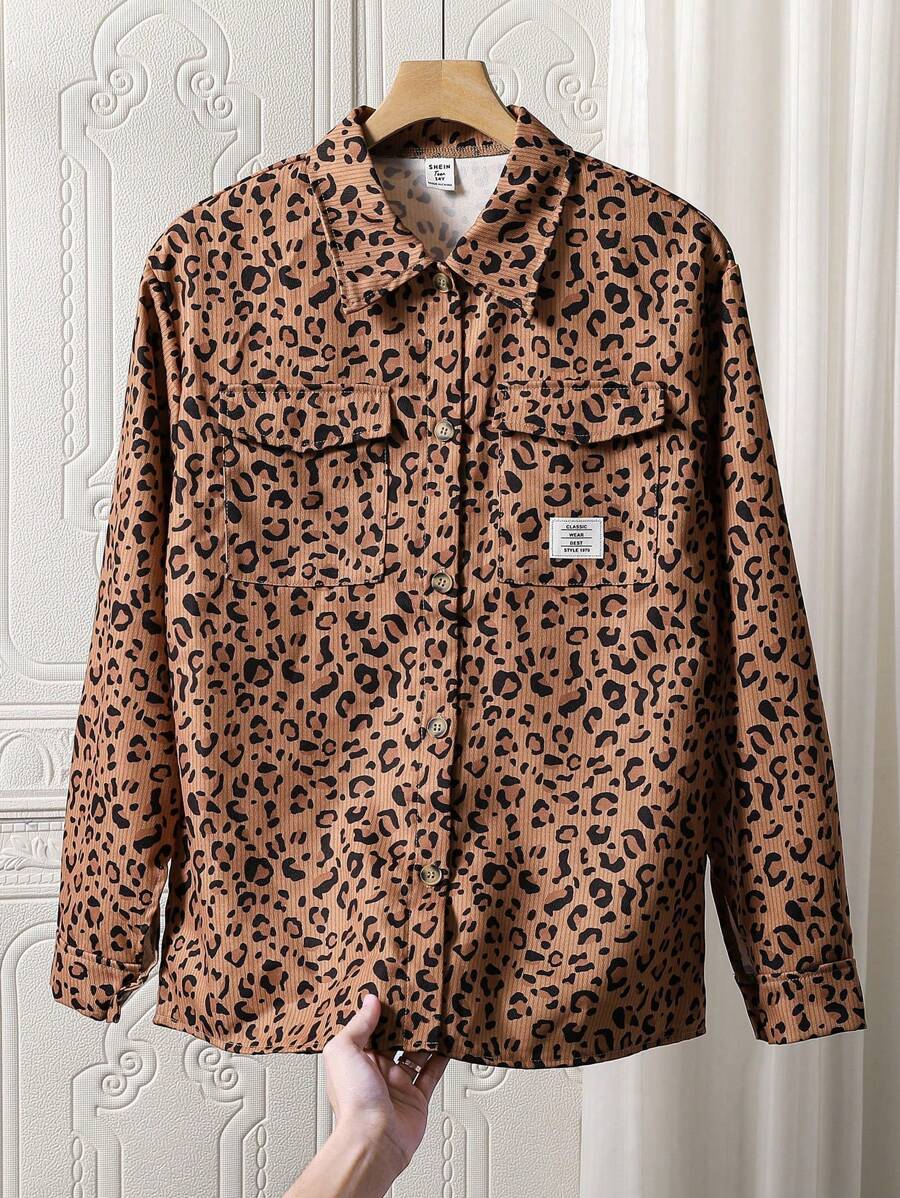 SHEIN 1 件青少年女孩豹纹翻领开衫长袖休闲时尚夹克