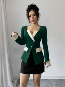 Elenzga 1 件女式单排扣长袖优雅工作通勤撞色西装外套，秋季 - 墨綠色 - 查看 5
