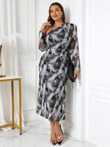 SHEIN Clasi Curvy Plus Size Women's Off Shoulder Off Shoulder Printed Asymmetric Collar Long Sleeve Elegant Fashion Long Dress For Autumn And Winter, Guest Party Party Dress, Going Out,Holiday Party Dress - Dark Grey - View 3
