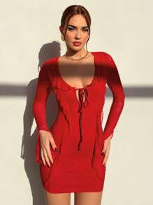 Aloruh 1pc Women Solid Color Front Tie V-Neck Elegant Long Sleeve Mini Dress