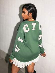 Zolique 女士针织字母图案秋冬百搭套头卫衣 - 軍綠色 - 查看 2