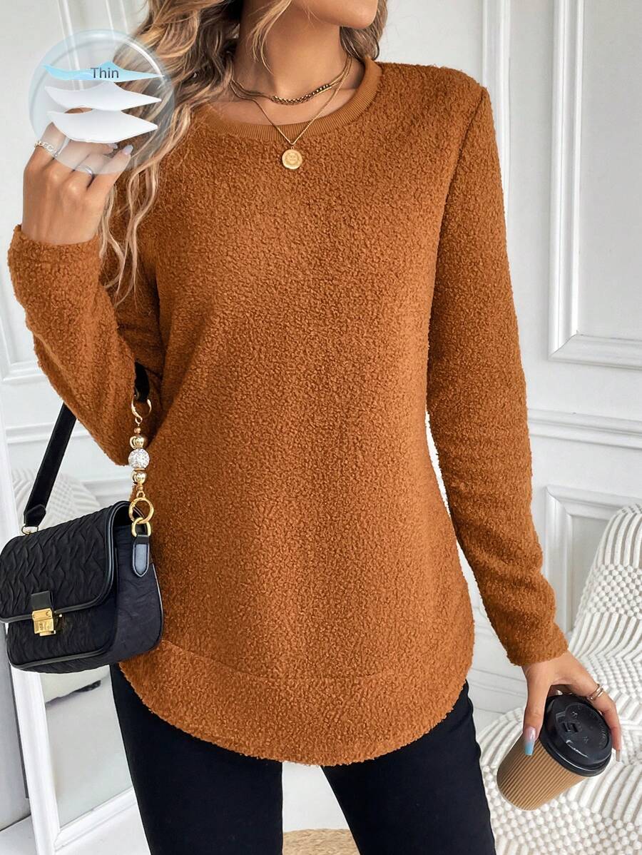 EMERY ROSE Solid Round Neck Teddy Sweatshirt In Fall/Winter - Brown - View 1