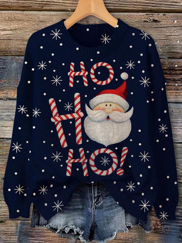 Suéter informal suelto de cuello redondo con estampado de Papá Noel y letras para mujer talla grande, otoño/invierno