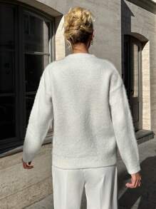 EURMUSE Pulover cu mânecă lungă de pluș, cu decolteu rotund, decorat cu strasuri, de culoare solidă, cu ornamente cu cristale