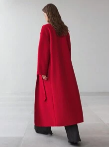 Ontre Women's 2025 Spring New Arrivals Long Round Neck Double-Sided Overcoat, Women Woolen Coat, Double-Faced Fabric Red 50cm Long Fashionable Overcoat, Round Collar Long Sleeve With Real Pockets, Casual Outfit