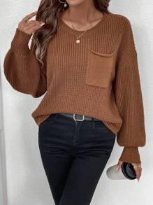 SHEIN LUNE Plus Size Lantern Sleeve Round Neck Single Pocket Pullover Sweater