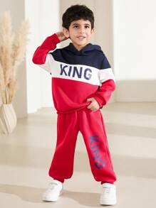 SHEIN 2pcs/Set Boys Casual Colorblock Letter Print Hoodie And Sweatpants Set For Autumn/Winter