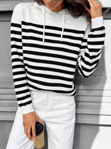 SHEIN LUNE Dames Casual Colorblock Gestreepte Trekkoord Capuchon Trui, Herfst/Winter