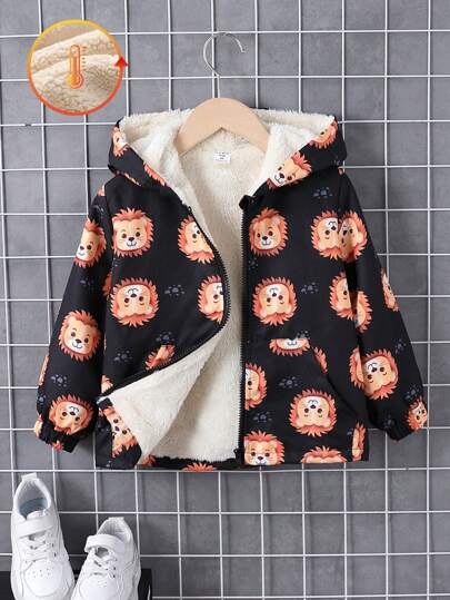 1 件装年轻男孩休闲黑狮印花保暖内衬连帽夹克，秋冬款