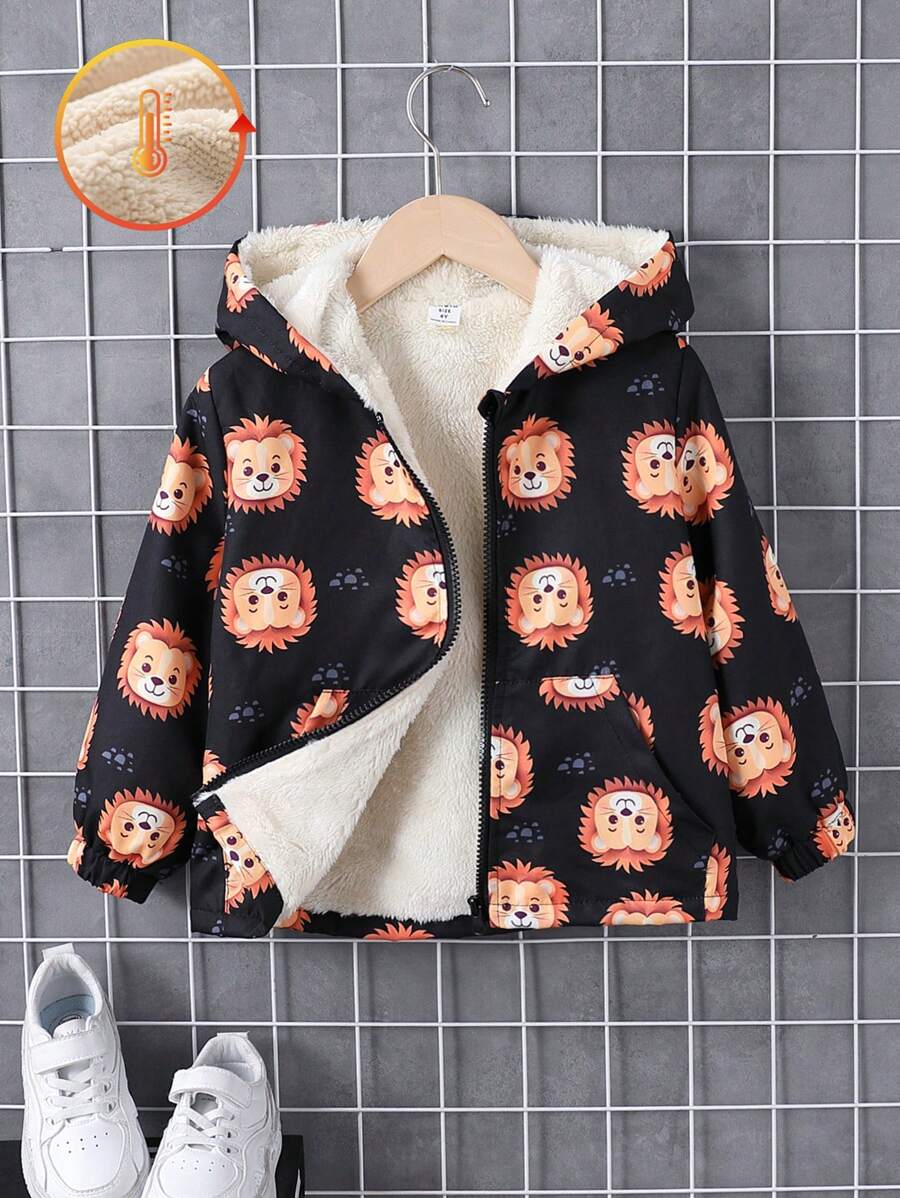 1 件装年轻男孩休闲黑狮印花保暖内衬连帽夹克，秋冬款 - 黑色 - 查看 1