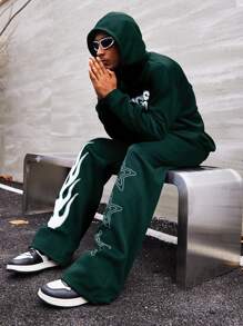 PAVTROS Manfinity LEGND 1 bộ Áo hoodie họa tiết ngôi sao Skeleton Flame và quần nỉ - Màu xanh lá cây đậm - Xem 2