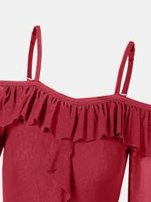 Tween Girls Elegant Off Shoulder Straps Ruffled Mesh Tight Knit Dress - Red - View 5