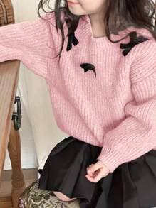 DAZY Young Girl Plain Round Neck Bow Decor Simple Stylish Knit Sweater, Suitable For Spring And Autumn - Pink - View 5
