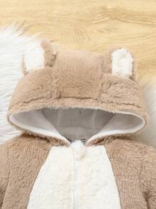 SHEIN 新生女宝宝可爱撞色连帽连体衣，秋冬季 - 卡其色 - 查看 6