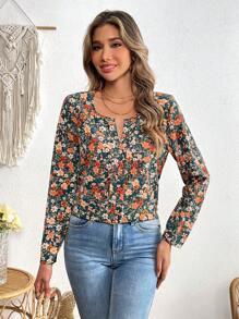 SHEIN VCAY Blusa de manga larga, suelta y de gasa con estampado floral para vacaciones para mujeres