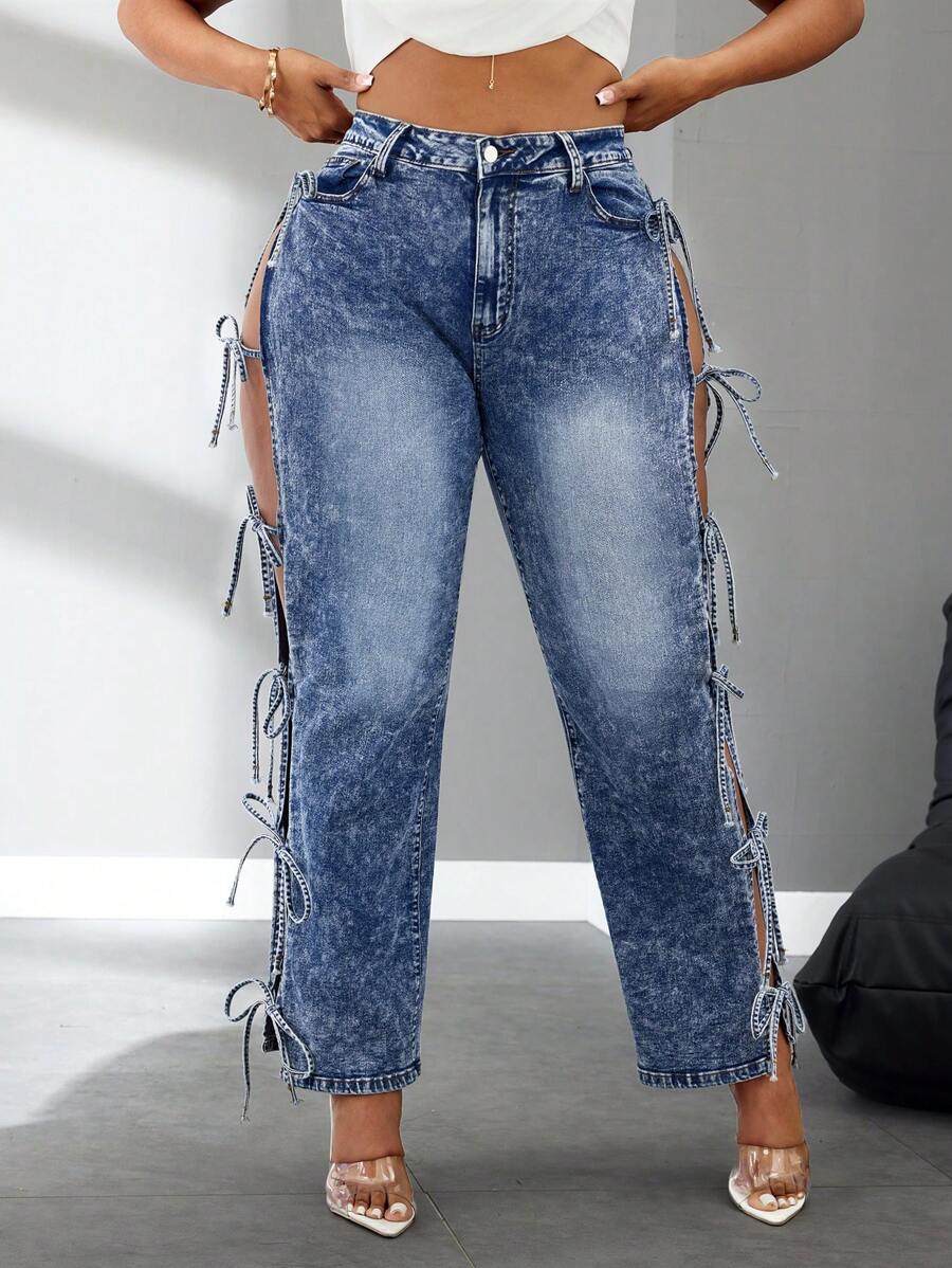 SHEIN SXY Jeans de moda con diseño calado y cordones para mujer de talla grande - Negro - Ver 1
