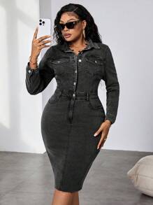 SHEIN Essnce Plus Size Tight Fit Stretchy Denim Long Sleeve Black Dress - Black - View 1