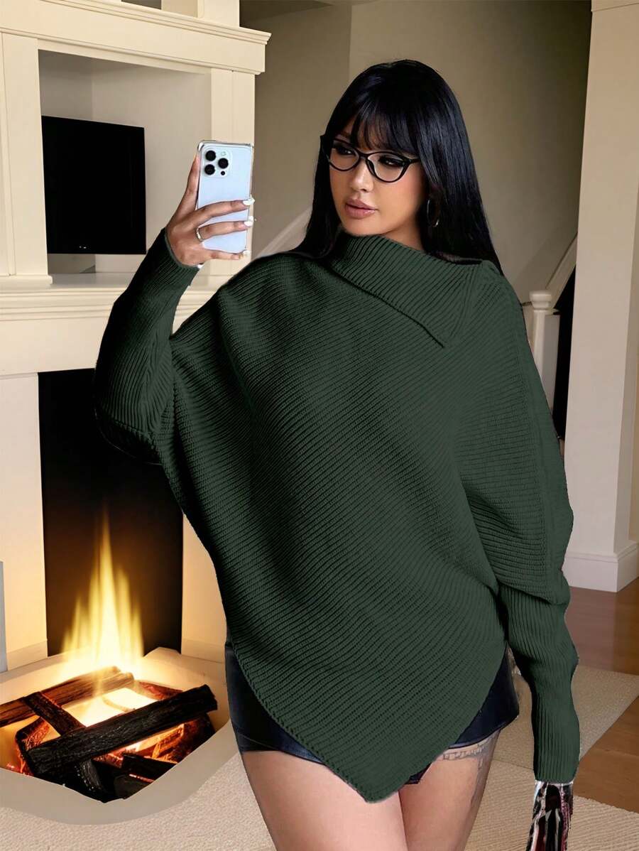 Flirla Áo len Giáng sinh cỡ lớn ấm áp với vạt áo bất đối xứng, cổ cao, áo len chui đầu, áo len mùa đông, áo len mùa thu. - Màu xanh lá cây đậm - Xem 1