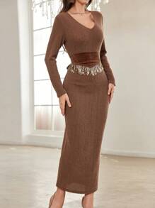 Modelyn 紧身性感长袖流苏拼接紧身连衣裙女式超长女士装长款晚礼服 - 咖啡 - 查看 4