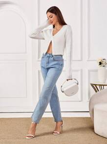 Zolique 1pc Women's V-Neck Crossed Splice Fitted Twist Rope Design Hollow Ribbed Cropped Sweater, Autumn/Winter Christmas Clothes Women, Stylish Holiday Sweater, Fashionable Fall Women Clothes, Cozy Top Knit Pullover