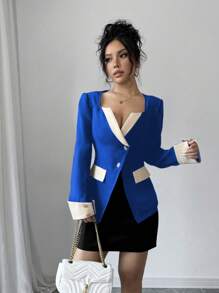 Elenzga Veste de tailleur décontracté/d'affaires à contraste de couleur et simple boutonnage pour femmes en automne