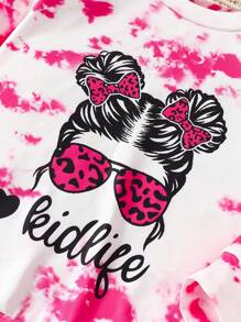 SHEIN 少女休闲扎染肖像印花紧身裤套装，秋冬 - 玫紅色 - 查看 4